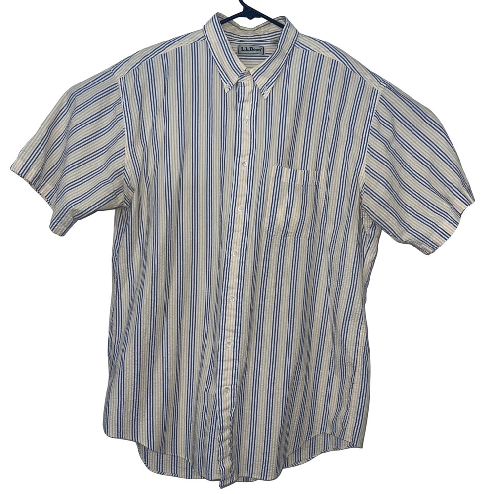 LL Bean Mens XL Tall Seersucker Shirt Short Sleeve Blue Yellow Striped Cotton